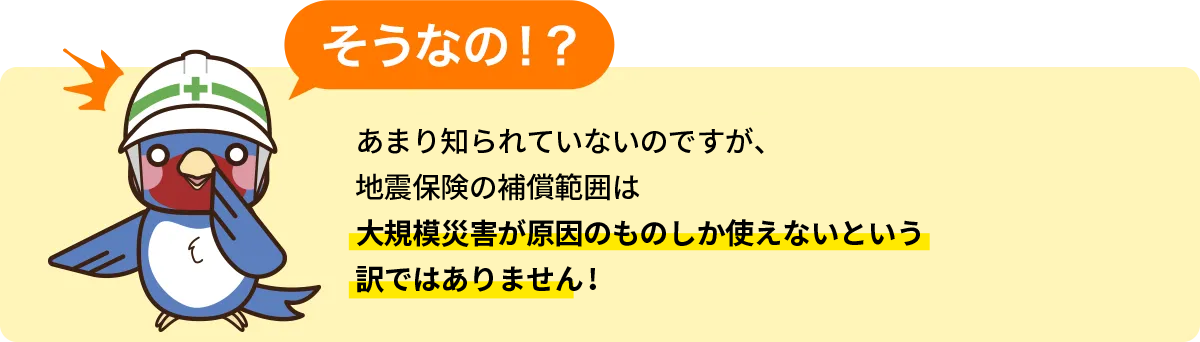 あまり知られていないのですが、地震保険の補償範囲はとても広く台風などの大規模災害が原因のものしか使えない、という訳ではありません！